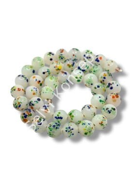 El Yapımı Renkli Puantiyeli Küre Cam Boncuk Dizi Beyaz 10 mm