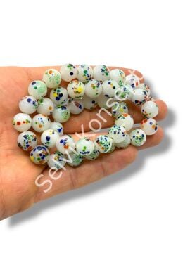 El Yapımı Renkli Puantiyeli Küre Cam Boncuk Dizi Beyaz 10 mm