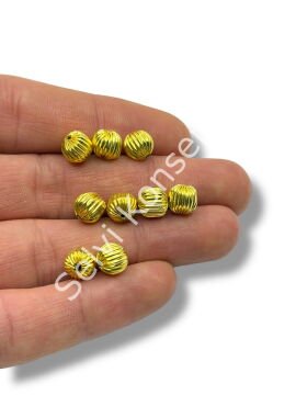 Pulipori Pirinç Boncuk Çizgili Küre Parlak Altın Renk 6 mm