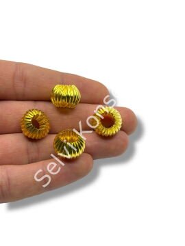 Pulipori Pirinç Boncuk Çizgili Basık Küre Parlak Altın Renk Geniş Delikli 15x12 mm 10 Gr
