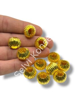 Pulipori Pirinç Boncuk Çizgili Basık Küre Parlak Altın Renk Geniş Delikli 15x12 mm 10 Gr