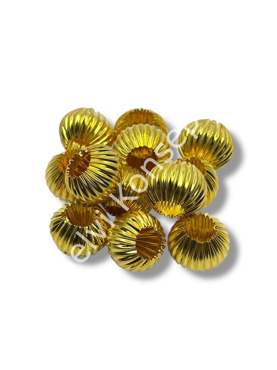 Pulipori Pirinç Boncuk Çizgili Basık Küre Parlak Altın Renk Geniş Delikli 15x12 mm 10 Gr