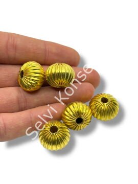 Pulipori Pirinç Boncuk Çizgili Basık Küre Parlak Altın Renk 19x15 mm 10 Gr