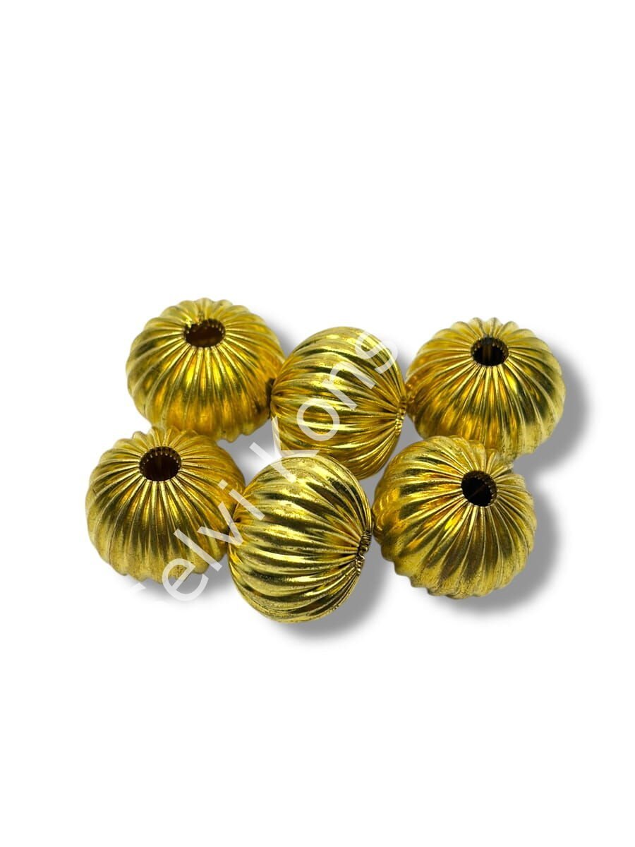 Pulipori Pirinç Boncuk Çizgili Basık Küre Parlak Altın Renk 19x15 mm 10 Gr