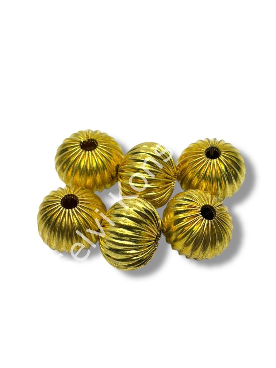 Pulipori Pirinç Boncuk Çizgili Basık Küre Parlak Altın Renk 19x15 mm 10 Gr