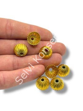 Pulipori Pirinç Boncuk Çizgili Boncuk Kapağı Parlak Altın Renk 14x8-12 mm 10 Gr
