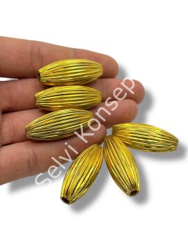 Pulipori Pirinç Boncuk Çizgili Uzun Boru Form Parlak Altın Renk 14x35 mm 11 Gr