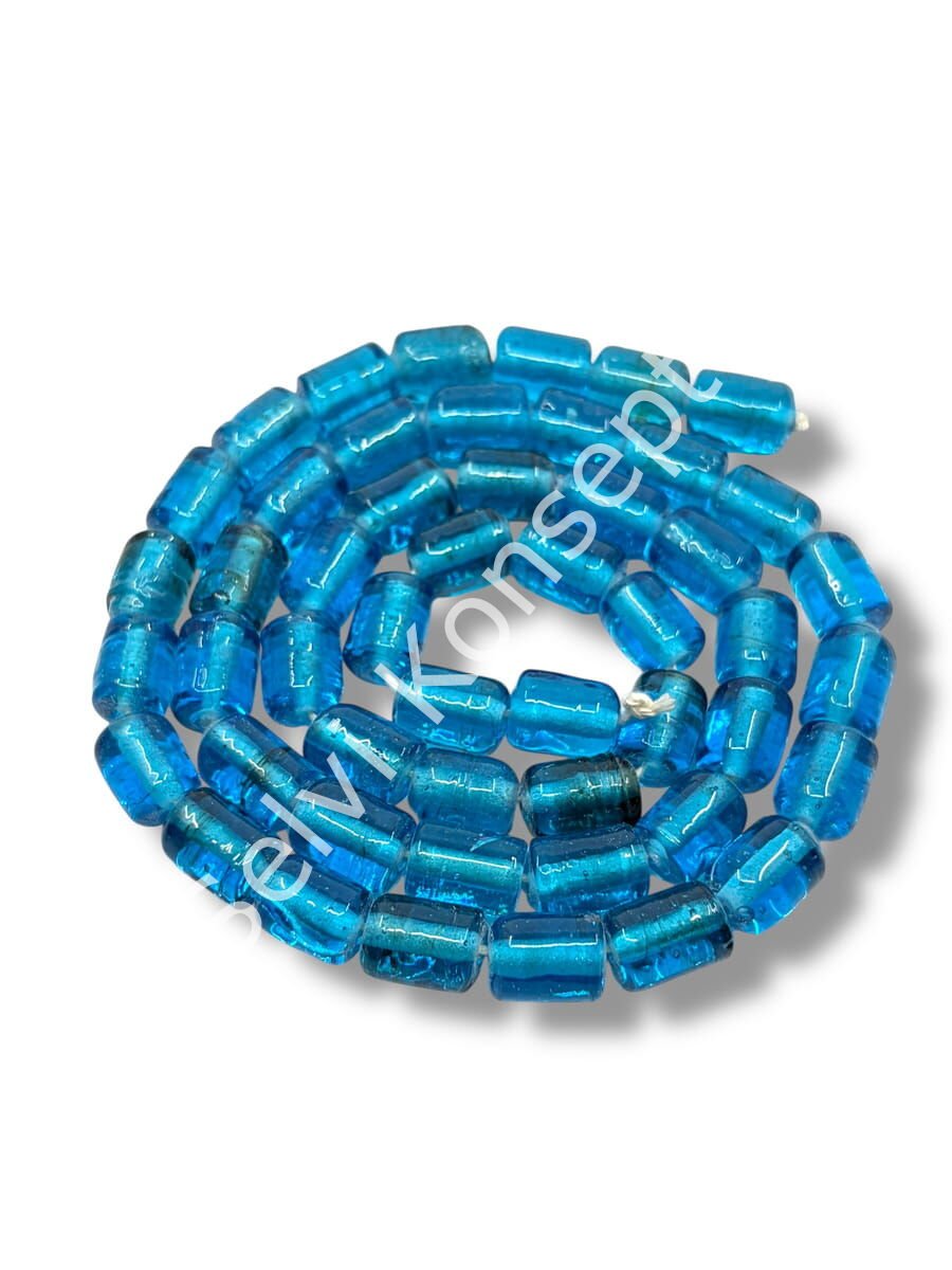 El Yapımı Parlak Silindir Dizi Cam Boncuk Şeffaf Mavi 8x12 mm