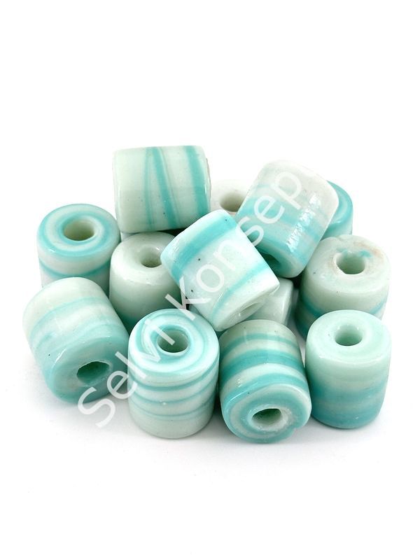 Silindir Bodrum Cam Boncuk Beyaz Üzeri Turkuaz 15 mm 10 Adet