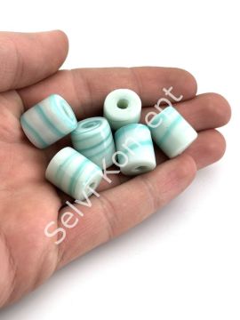 Silindir Bodrum Cam Boncuk Beyaz Üzeri Turkuaz 15 mm 10 Adet