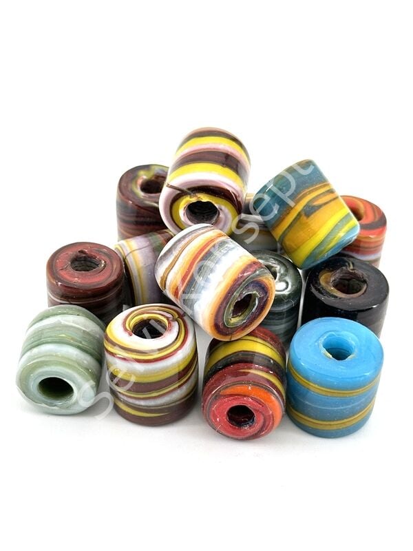 Silindir Bodrum Cam Boncuk Karışık Ebruli 15 mm 10 Adet