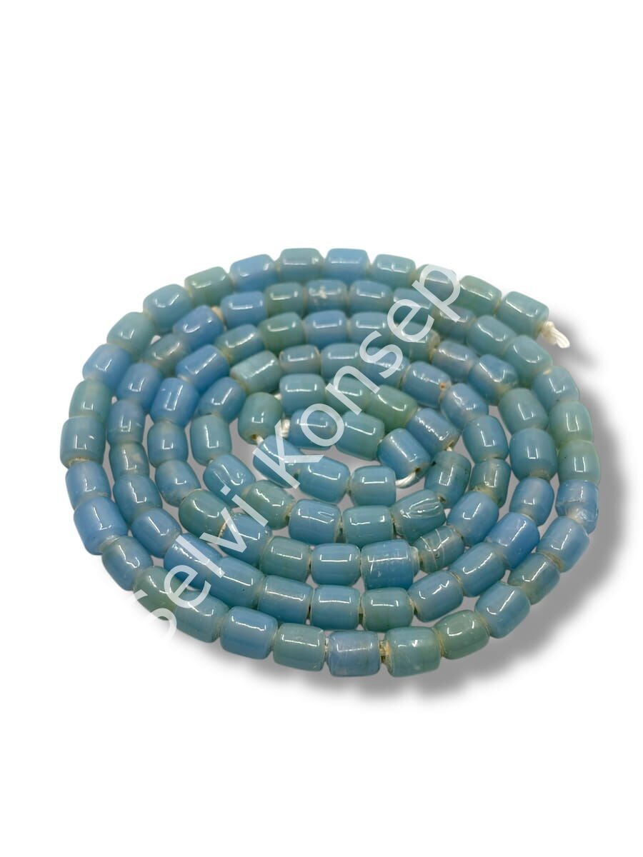 El Yapımı Parlak Silindir Dizi Cam Boncuk Alacalı Bebek Mavisi 6x7 mm