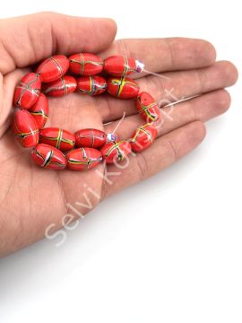 El Yapımı Renkli Şerit Çizgili Kırmızı Cam Boncuk 16x10 mm