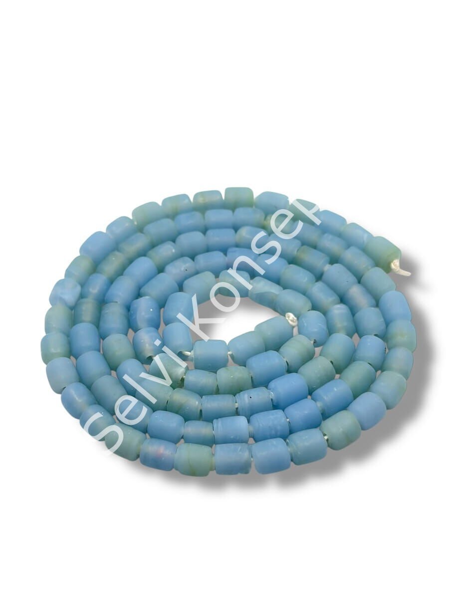 El Yapımı Mat Silindir Dizi Cam Boncuk Alacalı Bebek Mavisi 6x7 mm