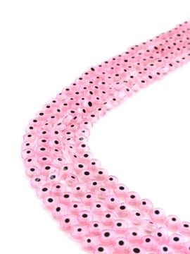 Yassı Dizi Cam Nazar Boncuğu Pembe 8 mm