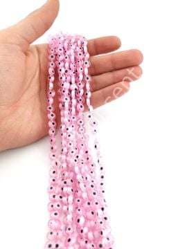 Yassı Dizi Cam Nazar Boncuğu Pembe 8 mm