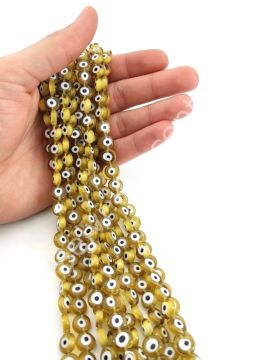 Yassı Dizi Cam Nazar Boncuğu Hardal 10 mm