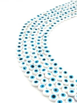 Yassı Dizi Cam Nazar Boncuğu Beyaz 10 mm