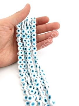 Yassı Dizi Cam Nazar Boncuğu Beyaz 10 mm