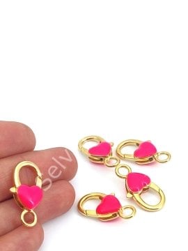Altın Kaplama Neon Pembe Mineli Kalpli Klips