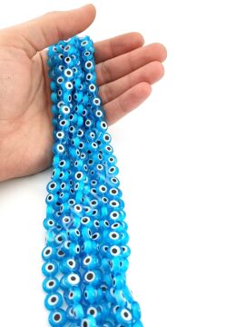 Yassı Dizi Cam Nazar Boncuğu Mavi 10 mm