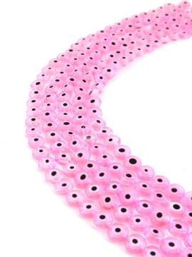 Yassı Dizi Cam Nazar Boncuğu Pembe 10 mm