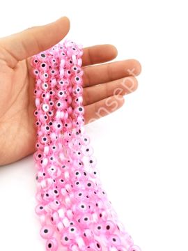 Yassı Dizi Cam Nazar Boncuğu Pembe 10 mm