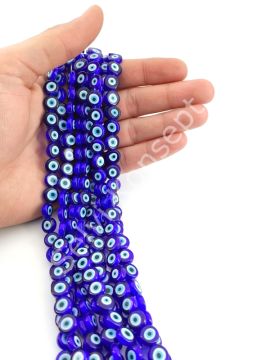 Yassı Dizi Cam Nazar Boncuğu 3 Gözlü Lacivert 10 mm