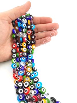 Yassı Dizi Cam Nazar Boncuğu Mix Renkli 12 mm
