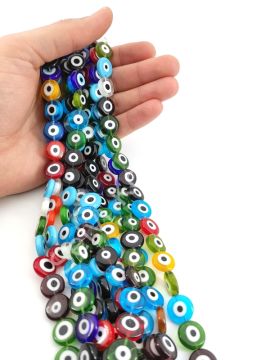 Yassı Dizi Cam Nazar Boncuğu Mix Renkli 14 mm
