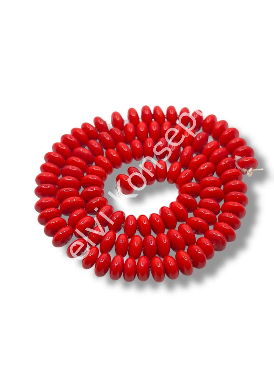 El Yapımı Parlak Disk Rondela Dizi Cam Boncuk Kırmızı 7,5x3,5 mm