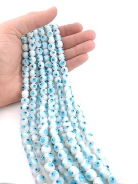 Yuvarlak Dizi Cam Nazar Boncuğu Puslu Beyaz 10 mm