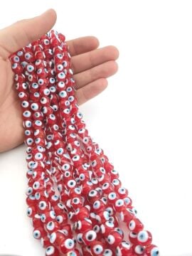 Yuvarlak Dizi Cam Nazar Boncuğu Şeffaf Kırmızı 10 mm