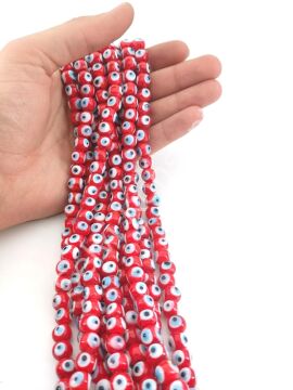 Yuvarlak Dizi Cam Nazar Boncuğu Kırmızı 10 mm