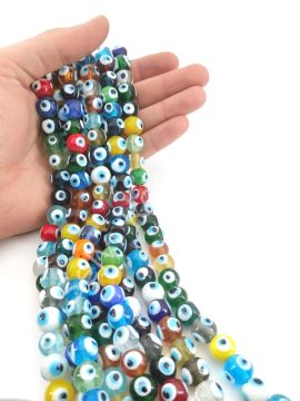Yuvarlak Dizi Cam Nazar Boncuğu Mix Renkli 12 mm