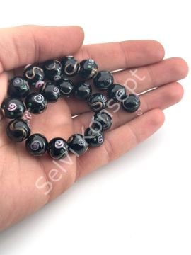Murano Çiçek Kabartmalı Dizi Cam Boncuk 12 mm Siyah