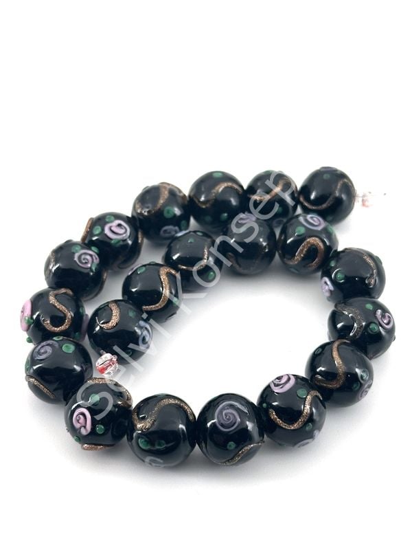 Murano Çiçek Kabartmalı Dizi Cam Boncuk 12 mm Siyah