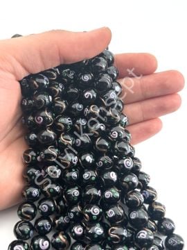 Murano Çiçek Kabartmalı Dizi Cam Boncuk 12 mm Siyah