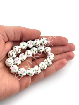 Murano Çiçek Kabartmalı Dizi Cam Boncuk 12 mm Beyaz