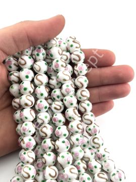 Murano Çiçek Kabartmalı Dizi Cam Boncuk 12 mm Beyaz