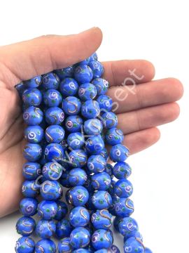Murano Çiçek Kabartmalı Dizi Cam Boncuk 12 mm Saks Mavi