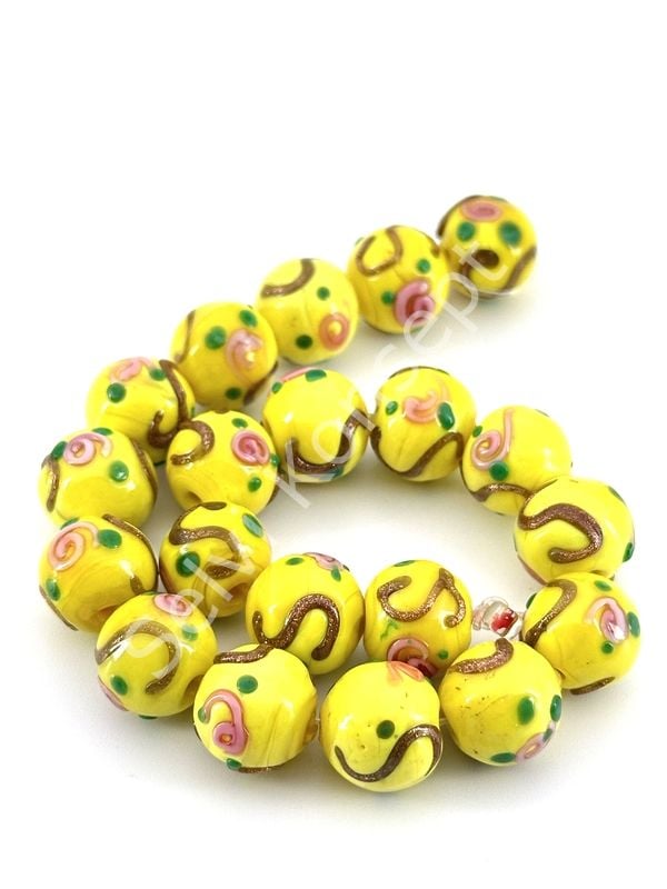 Murano Çiçek Kabartmalı Dizi Cam Boncuk 12 mm Sarı