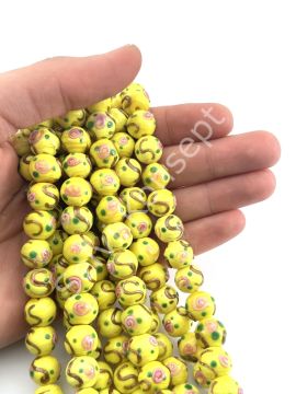 Murano Çiçek Kabartmalı Dizi Cam Boncuk 12 mm Sarı