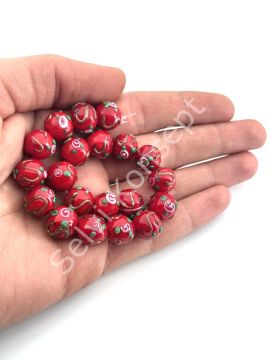 Murano Çiçek Kabartmalı Dizi Cam Boncuk 12 mm Kırmızı