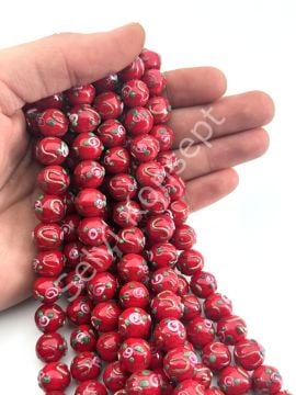 Murano Çiçek Kabartmalı Dizi Cam Boncuk 12 mm Kırmızı
