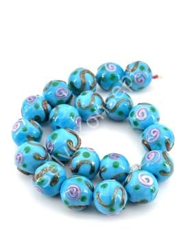 Murano Çiçek Kabartmalı Dizi Cam Boncuk 12 mm Mavi
