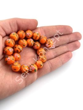 Murano Çiçek Kabartmalı Dizi Cam Boncuk 12 mm Turuncu
