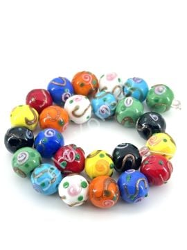 Murano Çiçek Kabartmalı Dizi Cam Boncuk 12 mm Karışık Renkli