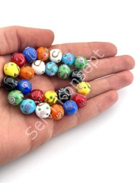 Murano Çiçek Kabartmalı Dizi Cam Boncuk 12 mm Karışık Renkli