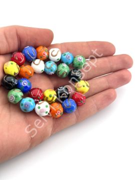 Murano Çiçek Kabartmalı Dizi Cam Boncuk 12 mm Karışık Renkli